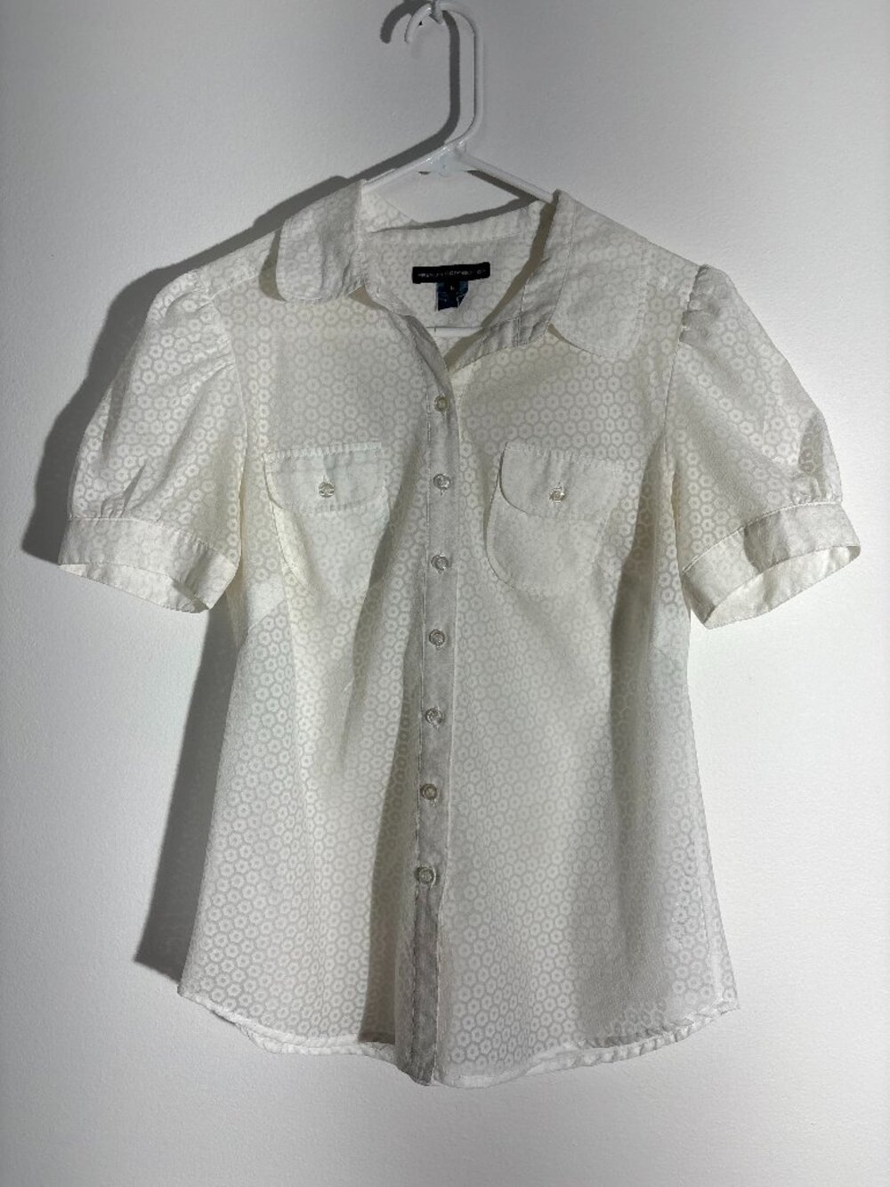 French Connection White Eyelet Blouse Puff Sleeve Button Up Shirt Top Size 6